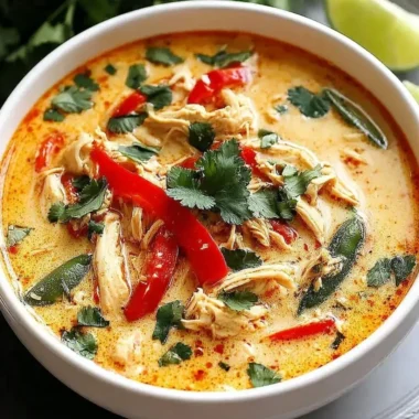 Bowl of Crockpot Thai Coconut Chicken Soup garnished with herbs and lime