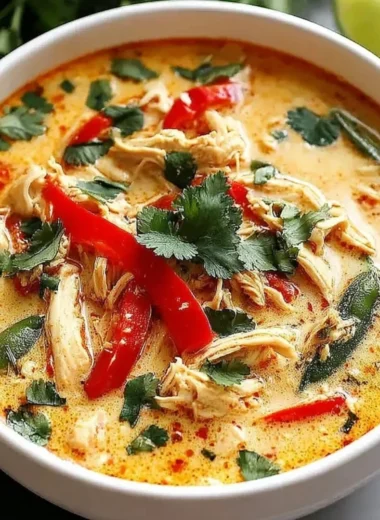 Bowl of Crockpot Thai Coconut Chicken Soup garnished with herbs and lime