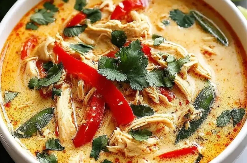 Bowl of Crockpot Thai Coconut Chicken Soup garnished with herbs and lime