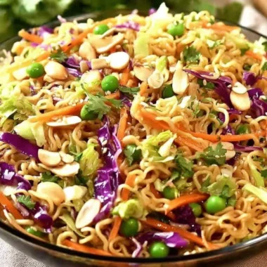 Crunchy Asian Ramen Noodle Salad with vibrant vegetables and dressing.