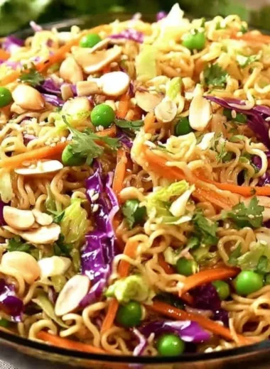 Crunchy Asian Ramen Noodle Salad with vibrant vegetables and dressing.