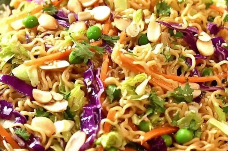 Crunchy Asian Ramen Noodle Salad with vibrant vegetables and dressing.