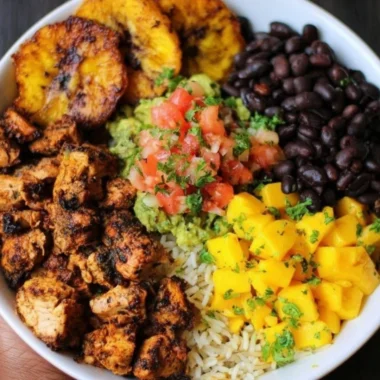 Delicious Cuban Chicken & Black Bean Rice Bowls served in a bowl