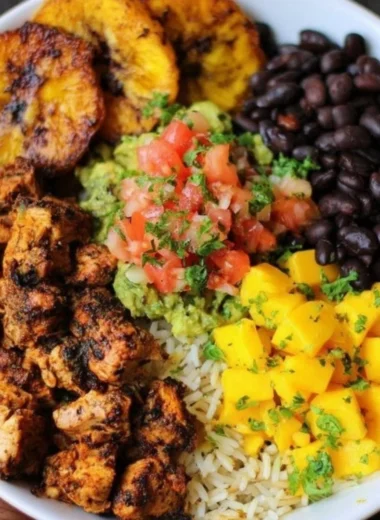 Delicious Cuban Chicken & Black Bean Rice Bowls served in a bowl