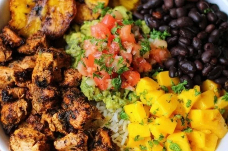 Delicious Cuban Chicken & Black Bean Rice Bowls served in a bowl