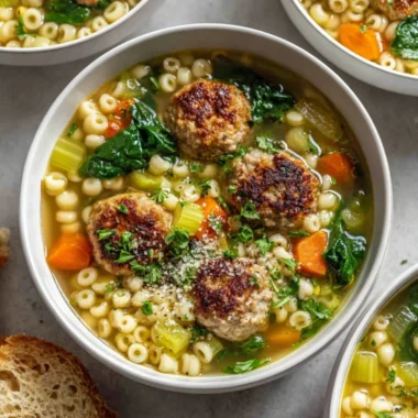 Bowl of easy chicken meatball soup with fresh vegetables and herbs