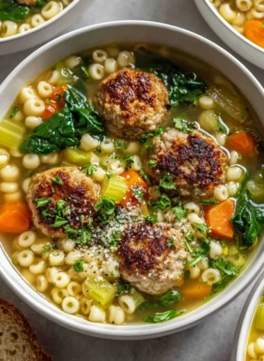 Bowl of easy chicken meatball soup with fresh vegetables and herbs