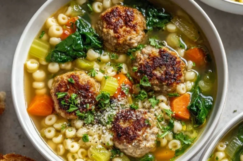Bowl of easy chicken meatball soup with fresh vegetables and herbs