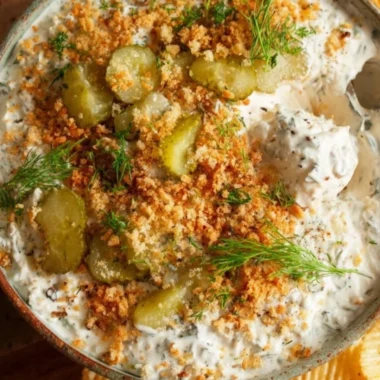Bowl of creamy fried pickle dip with crispy pickle slices for dipping