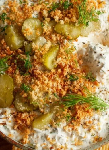 Bowl of creamy fried pickle dip with crispy pickle slices for dipping