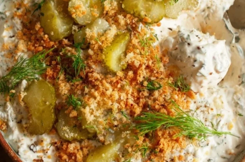 Bowl of creamy fried pickle dip with crispy pickle slices for dipping