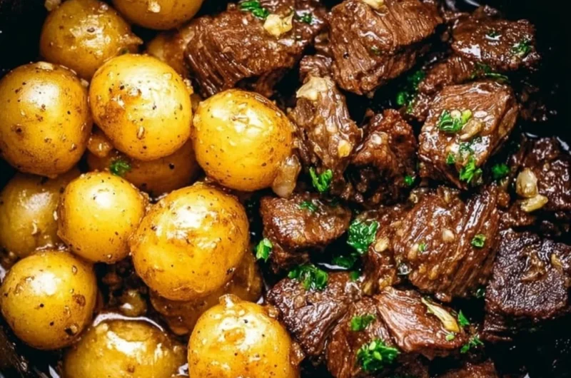 Delicious Garlic Butter Beef Bites served with crispy golden potatoes