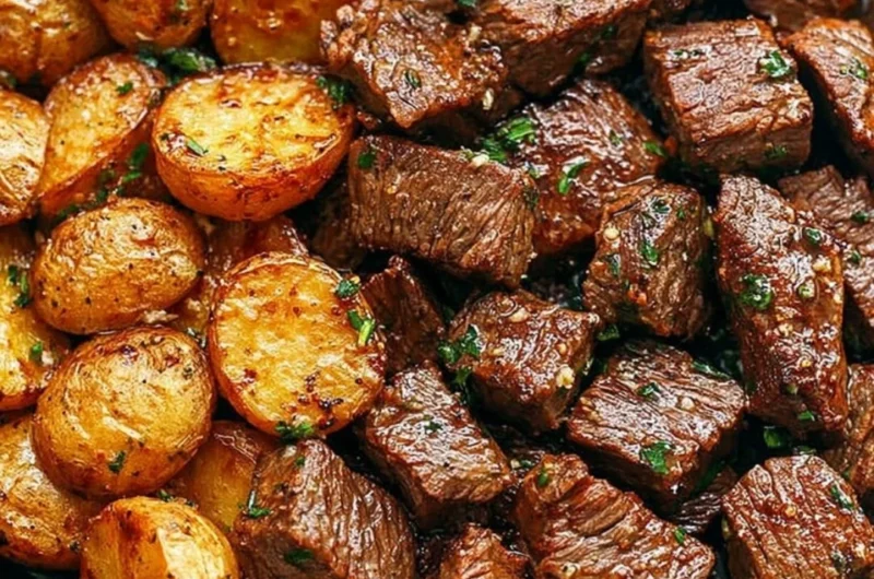 Garlic butter steak bites served with roasted potatoes