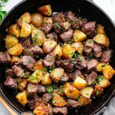 Delicious garlic butter steak bites served with golden potatoes