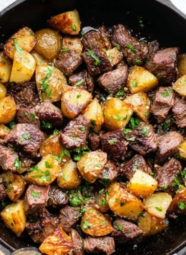 Delicious garlic butter steak bites served with golden potatoes