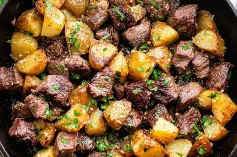 Delicious garlic butter steak bites served with golden potatoes