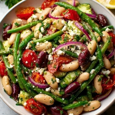 Fresh Greek Bean Salad with Lemon Marinated Beans in a bowl
