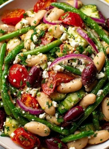 Fresh Greek Bean Salad with Lemon Marinated Beans in a bowl
