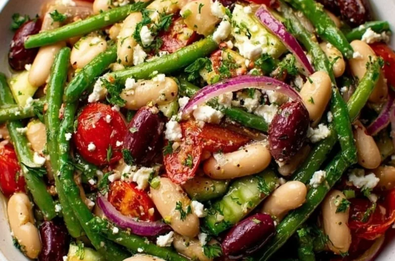 Fresh Greek Bean Salad with Lemon Marinated Beans in a bowl