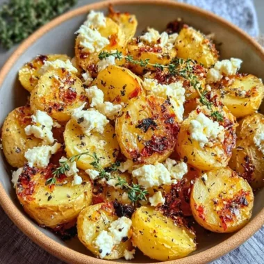 Delicious Greek feta roast potatoes with herbs and spices in a baking dish
