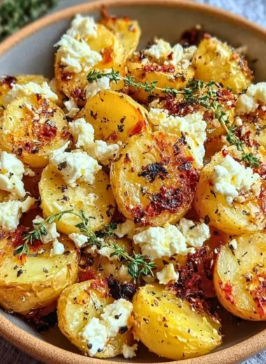 Delicious Greek feta roast potatoes with herbs and spices in a baking dish