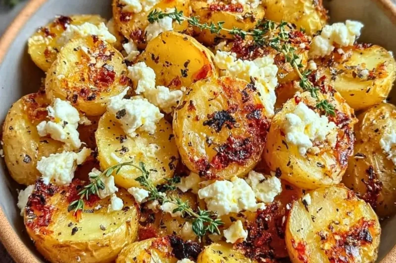 Delicious Greek feta roast potatoes with herbs and spices in a baking dish