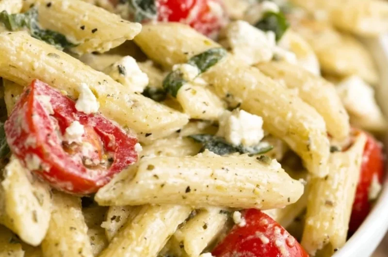 Bowl of Greek Pasta Salad with colorful veggies and feta cheese