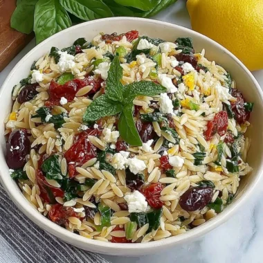 Delicious homemade orzo pasta salad with feta cheese and sun-dried tomatoes