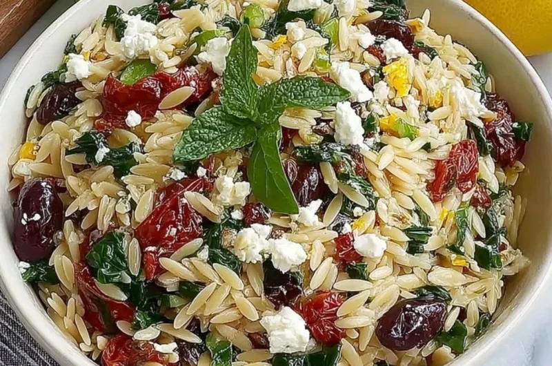 Delicious homemade orzo pasta salad with feta cheese and sun-dried tomatoes