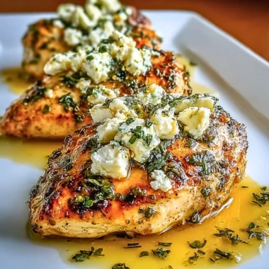 Juicy Greek chicken garnished with lemon and feta on a dinner plate