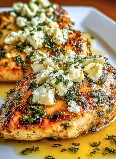 Juicy Greek chicken garnished with lemon and feta on a dinner plate