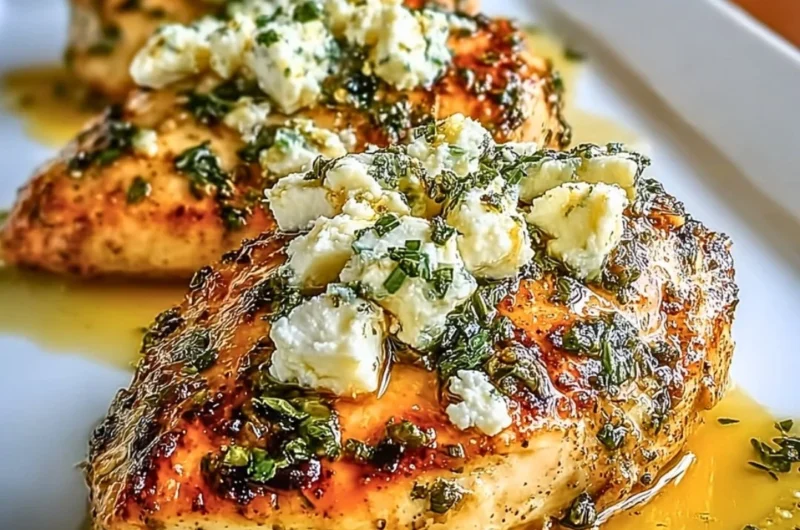 Juicy Greek chicken garnished with lemon and feta on a dinner plate