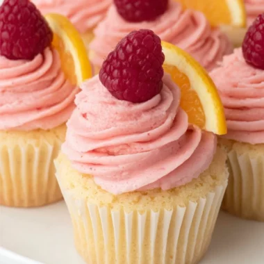 Lemon cupcakes topped with raspberry buttercream frosting served on a plate