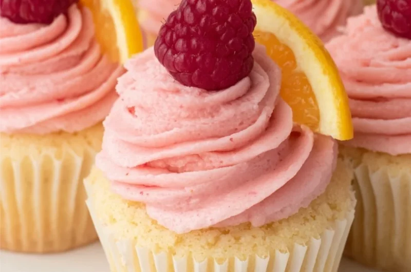 Lemon cupcakes topped with raspberry buttercream frosting served on a plate
