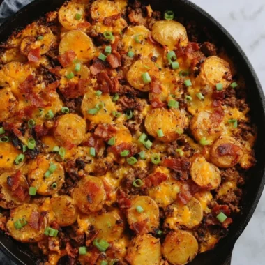 Loaded Ground Beef and Potatoes Skillet cooking in a pan