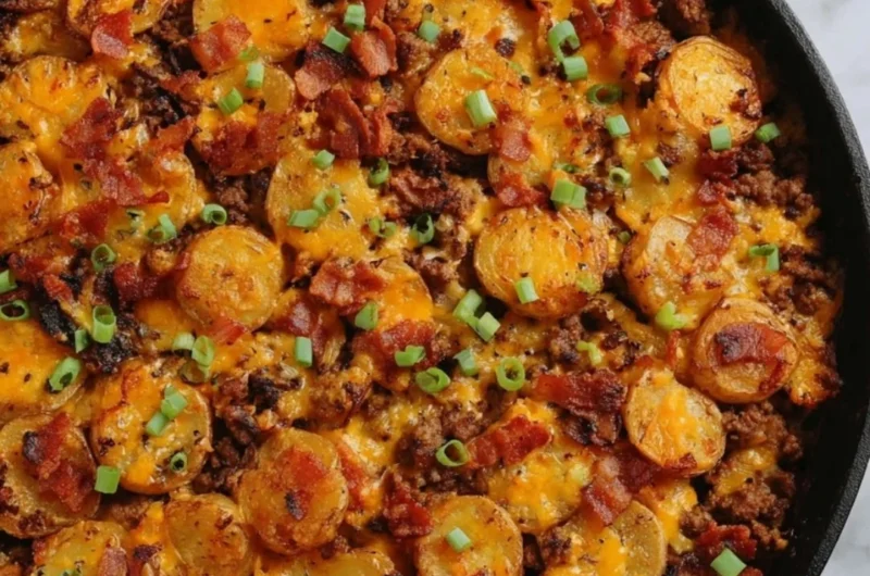 Loaded Ground Beef and Potatoes Skillet cooking in a pan