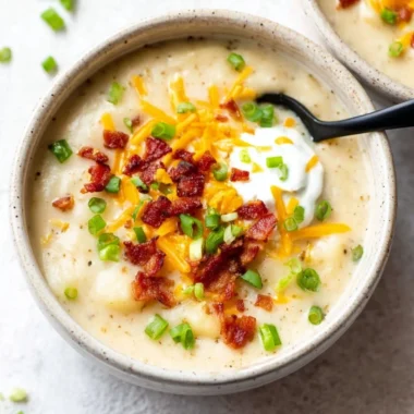 Bowl of creamy loaded potato soup topped with cheese, bacon, and green onions.