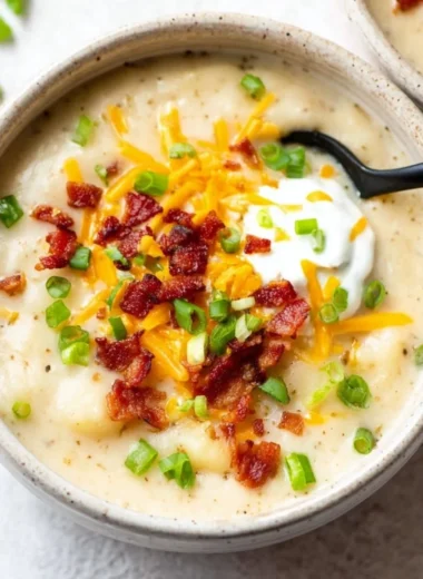 Bowl of creamy loaded potato soup topped with cheese, bacon, and green onions.
