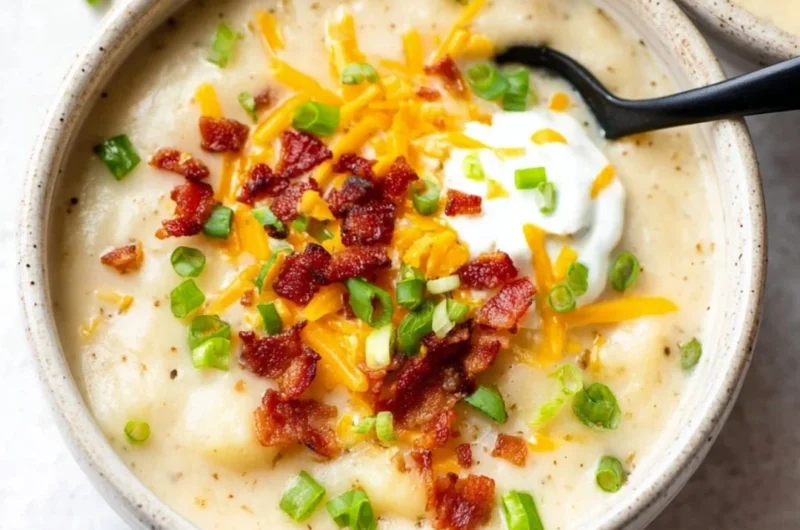 Bowl of creamy loaded potato soup topped with cheese, bacon, and green onions.