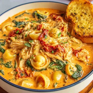 A bowl of Marry Me Tuscan Chicken Soup garnished with fresh herbs
