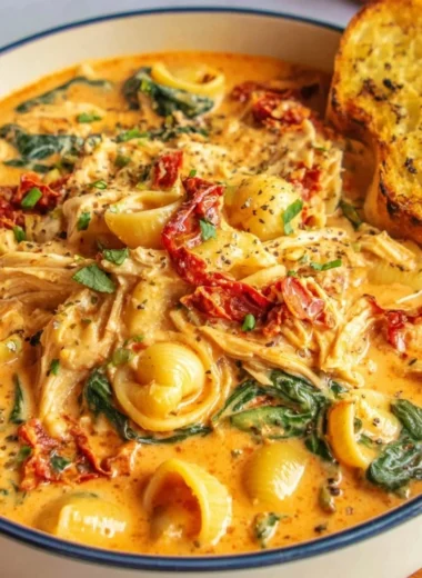 A bowl of Marry Me Tuscan Chicken Soup garnished with fresh herbs