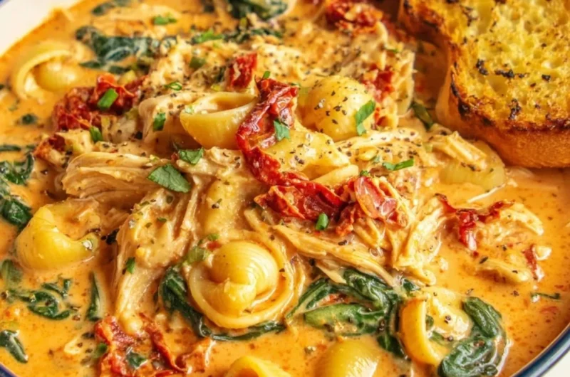 A bowl of Marry Me Tuscan Chicken Soup garnished with fresh herbs