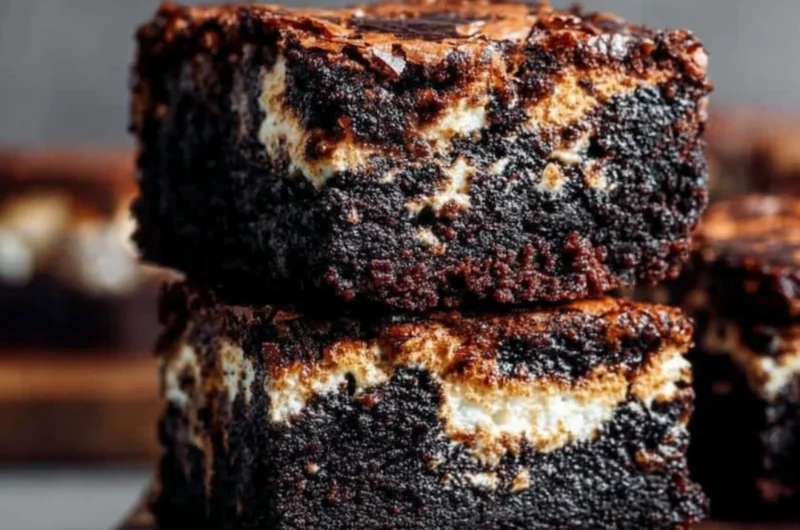 Delicious marshmallow brownies topped with fluffy marshmallows and rich chocolate