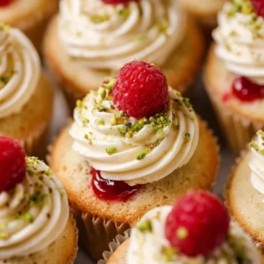 Moist lemon cupcakes filled with fresh raspberry filling and topped with frosting.