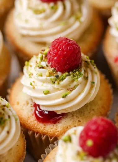 Moist lemon cupcakes filled with fresh raspberry filling and topped with frosting.