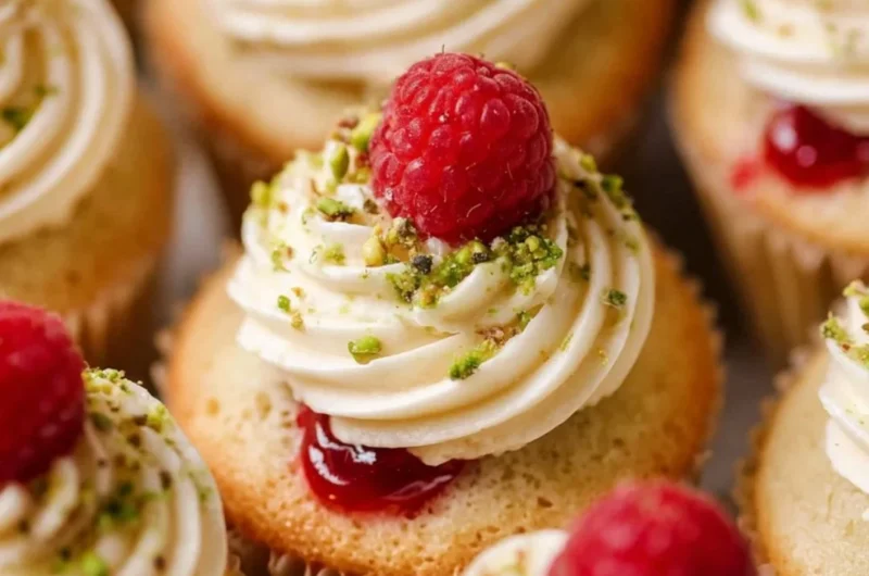 Moist lemon cupcakes filled with fresh raspberry filling and topped with frosting.