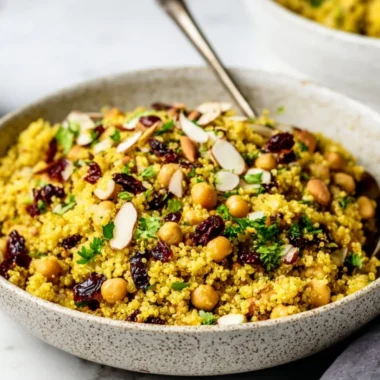 Moroccan-inspired chickpea quinoa salad with colorful vegetables and spices