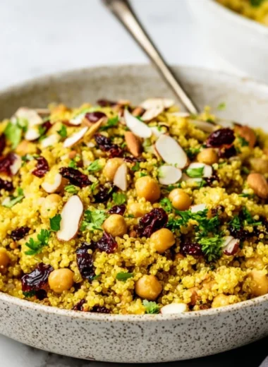 Moroccan-inspired chickpea quinoa salad with colorful vegetables and spices