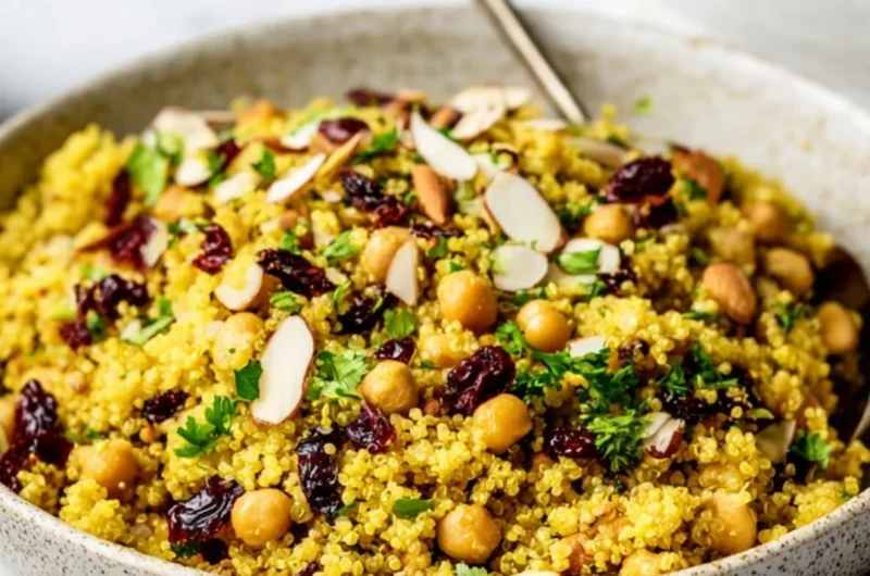 Moroccan-inspired chickpea quinoa salad with colorful vegetables and spices
