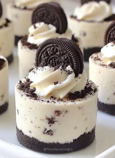 Delicious no-bake Oreo cheesecakes topped with crushed Oreos.